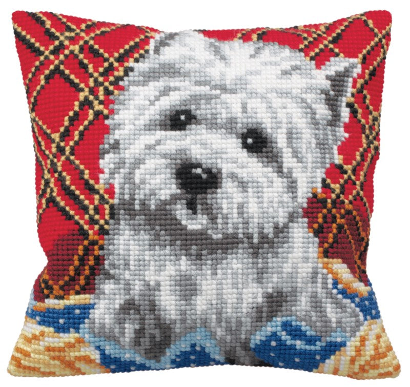 Coussin au point de croix West Highland White Terrier "Bichon" motif de broderie