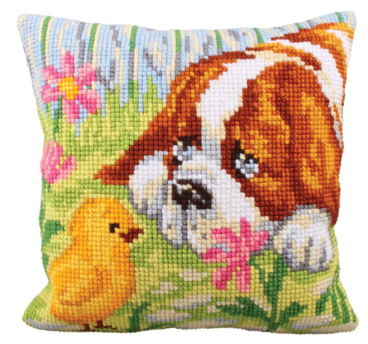 Kruissteekkussen St. Bernard Puppy "Encounter" borduurpatroon